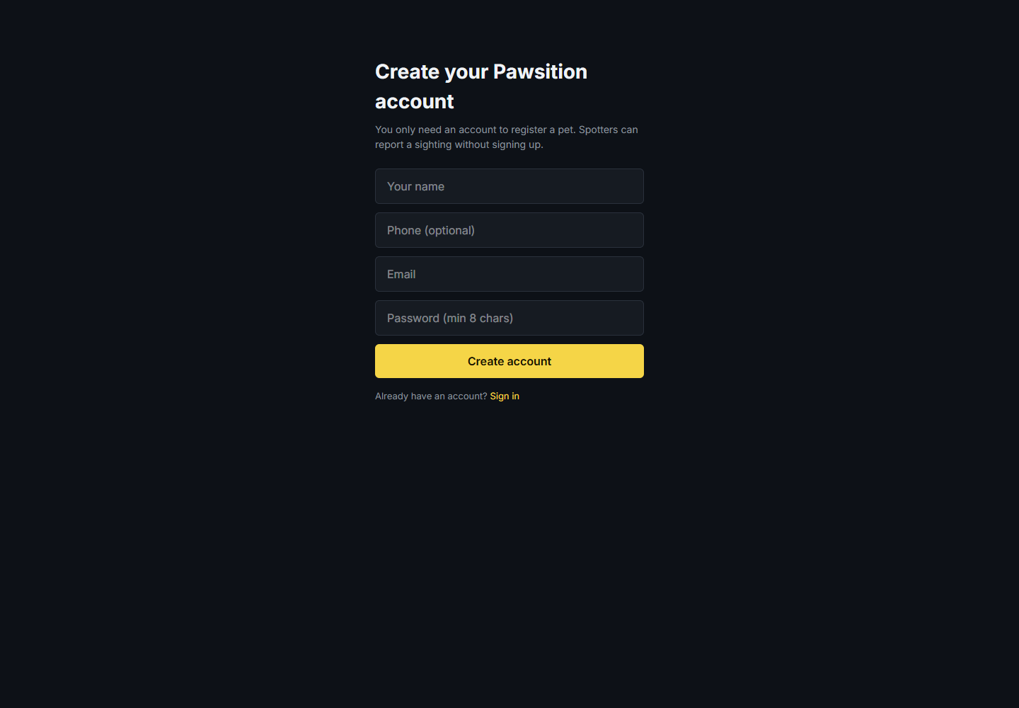 Pawsition sign-up form