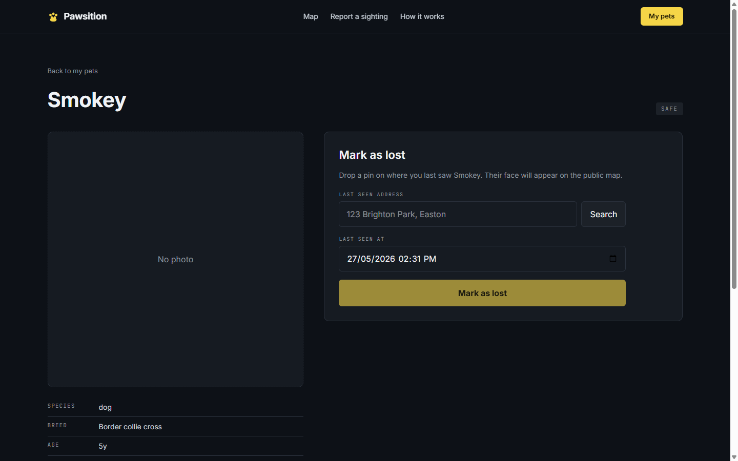 Mark-as-lost form with last-seen address search