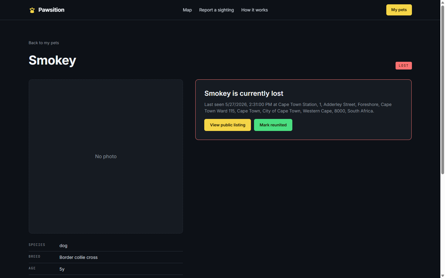 Pet detail page showing LOST status with public listing and reunite buttons