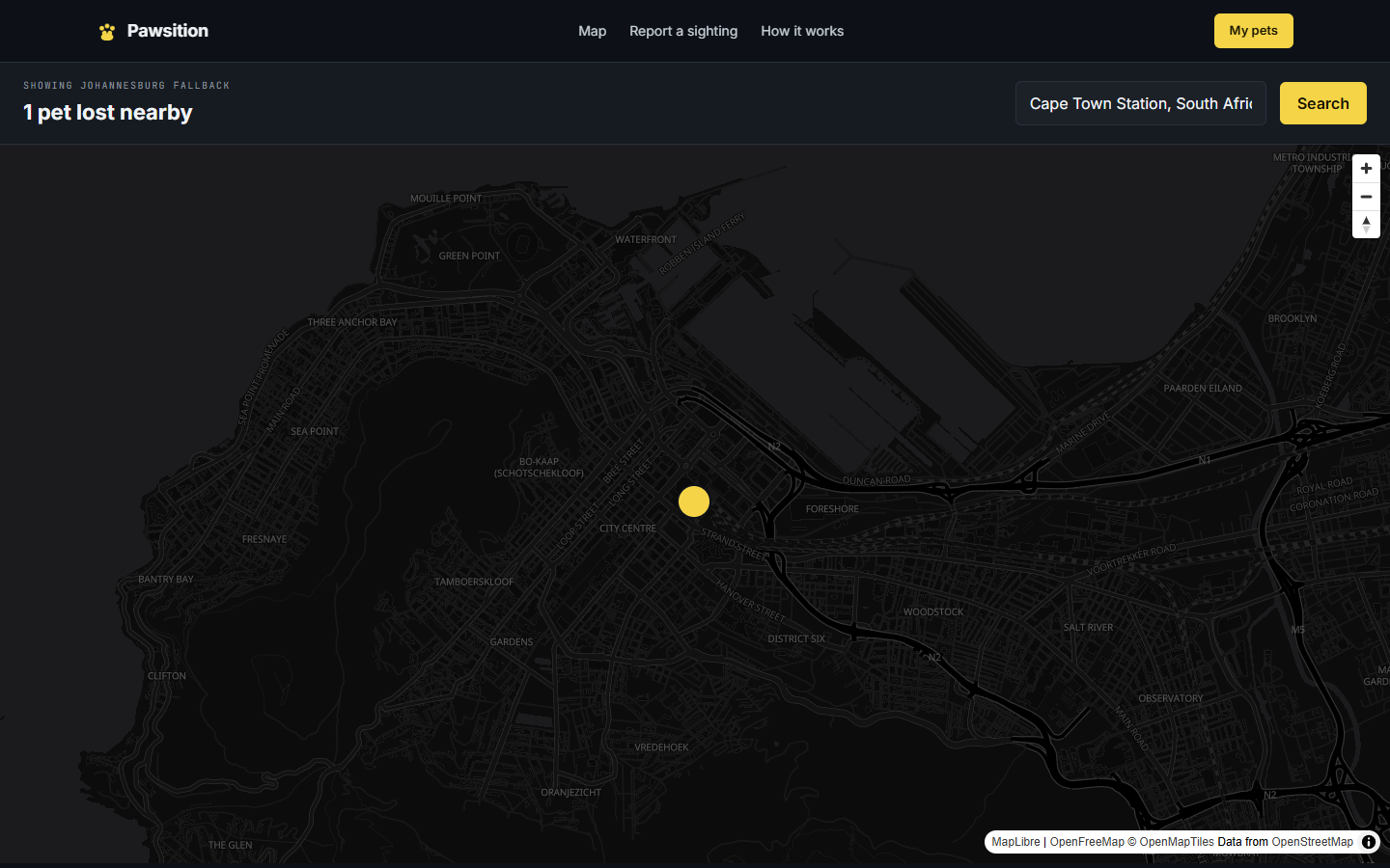 Public map showing a lost-pet pin in central London