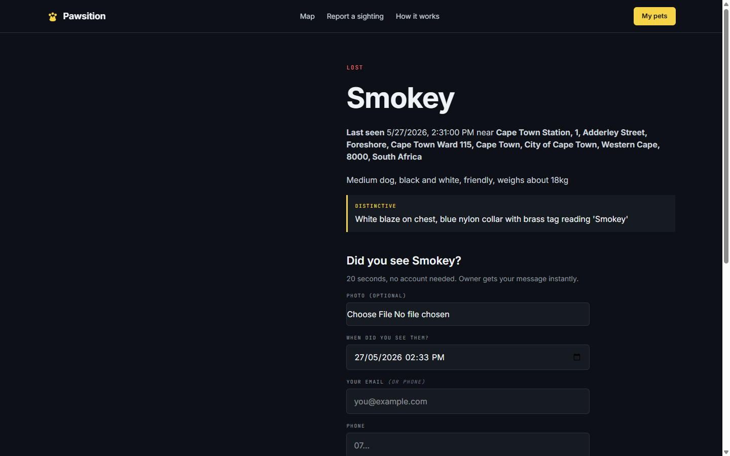 Public lost-pet detail page for Smudge