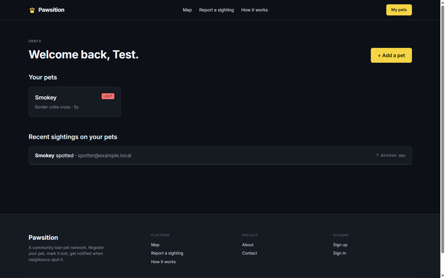 Owner dashboard listing a recent sighting