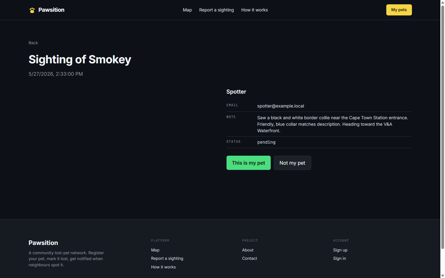 Owner viewing a sighting with confirm/reject buttons